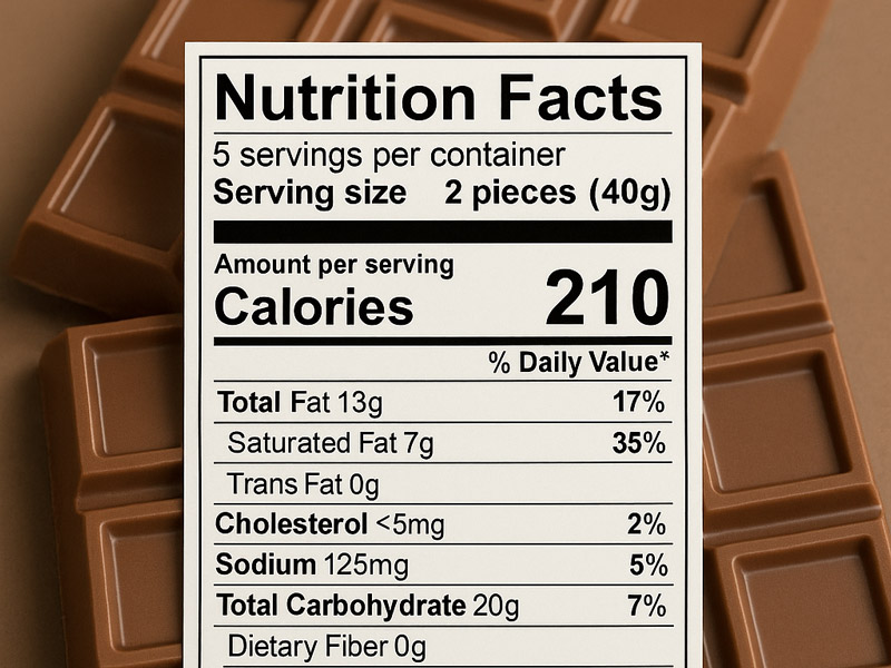 nutrition facts label with chocolate bars in background